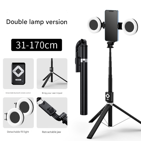 NNEDSZ Double Light 3-in-1 Bluetooth Selfie Stick with Tripod and Remote Control - Adjustable for Smartphones-0